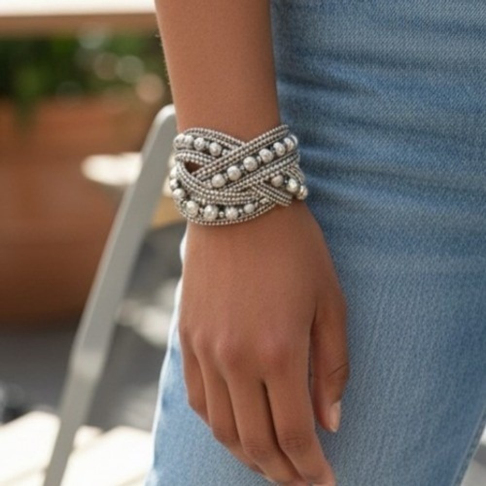 Silver Tone Boho Multi Strand Beaded Cuff Bracelet Wide Statement